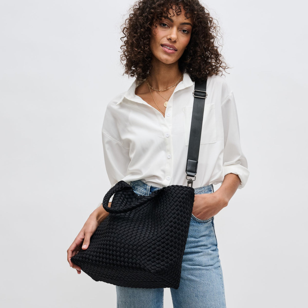 Woman wearing Black Sol and Selene Sky&#39;s The Limit - Medium Black Tote 841764111294 View 3 | Black 