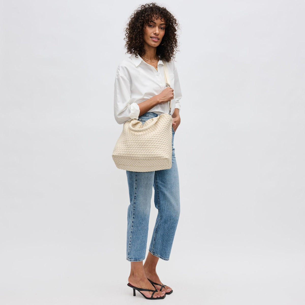 Woman wearing Cream Sol and Selene Sky&#39;s The Limit - Medium Cream Tote 841764111294 View 3 | Cream