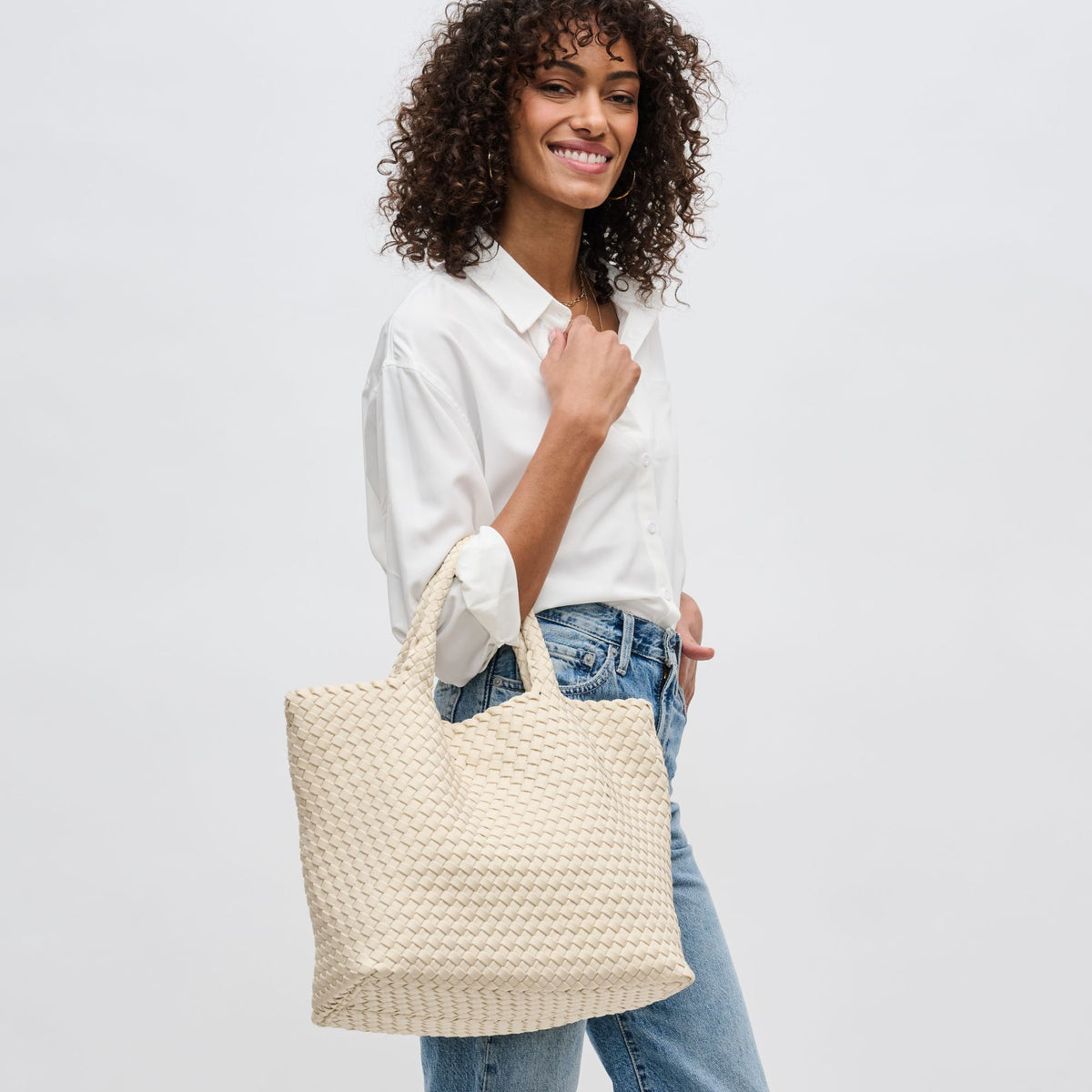 Woman wearing Cream Sol and Selene Sky&#39;s The Limit - Medium Cream Tote 841764111294 View 2 | Cream