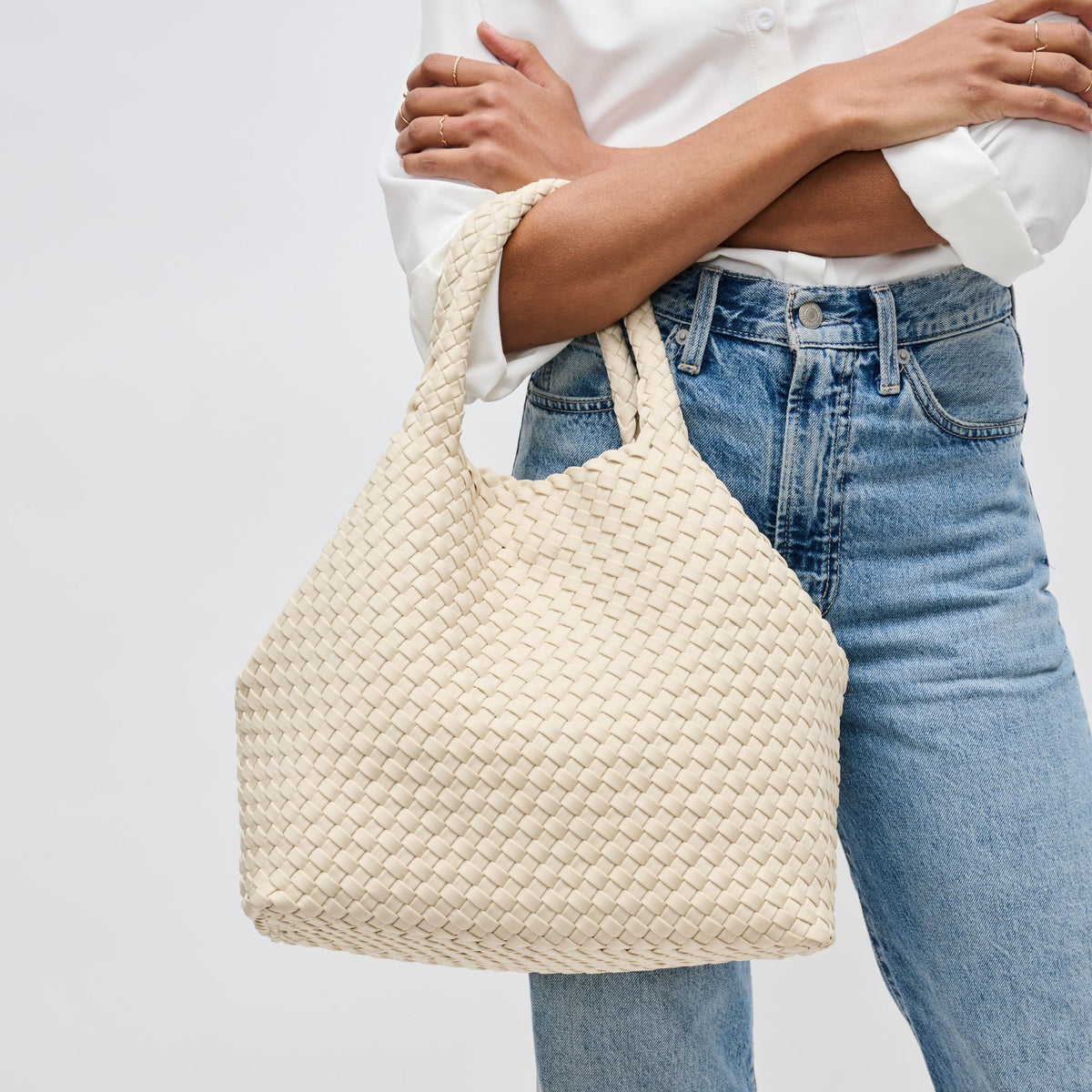 Woman wearing Cream Sol and Selene Sky&#39;s The Limit - Medium Cream Tote 841764111294 View 1 | Cream