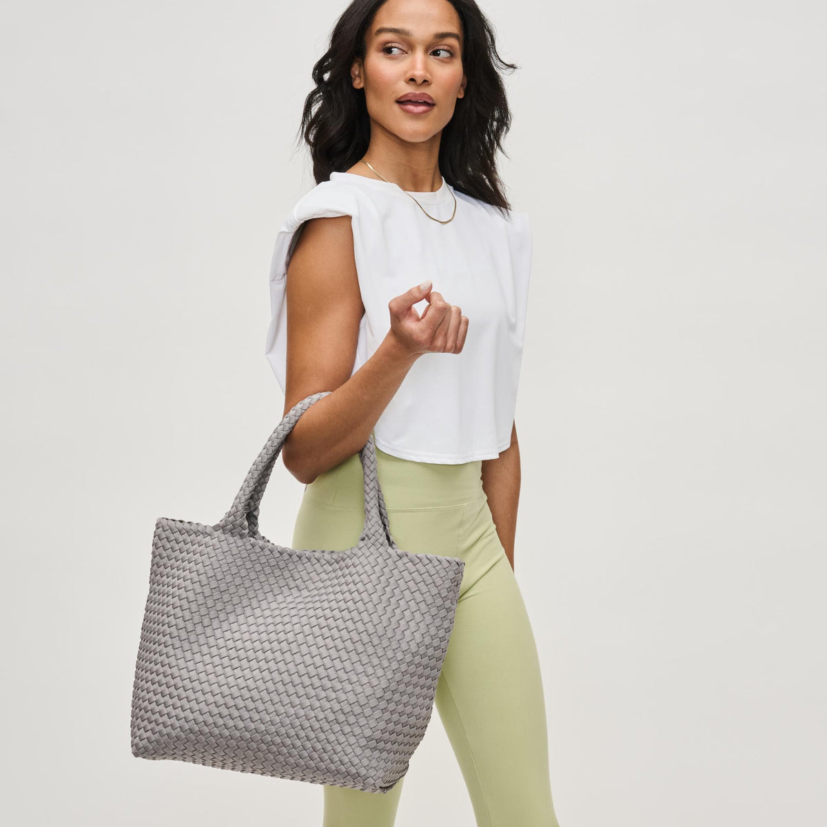 Woman wearing Fog Sol and Selene Sky&#39;s The Limit - Medium Fog Tote 841764111294 View 1 | Fog