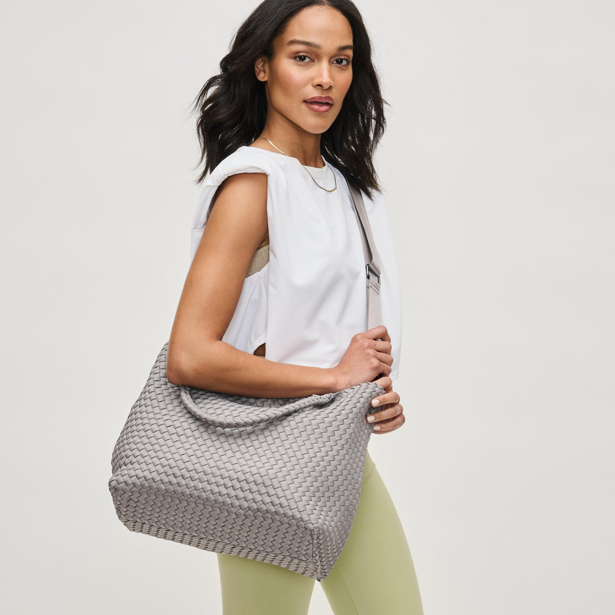 Woman wearing Fog Sol and Selene Sky&#39;s The Limit - Medium Fog Tote 841764111294 View 2 | Fog