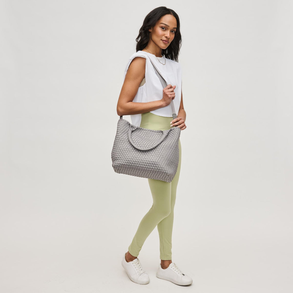 Woman wearing Fog Sol and Selene Sky&#39;s The Limit - Medium Fog Tote 841764111294 View 4 | Fog