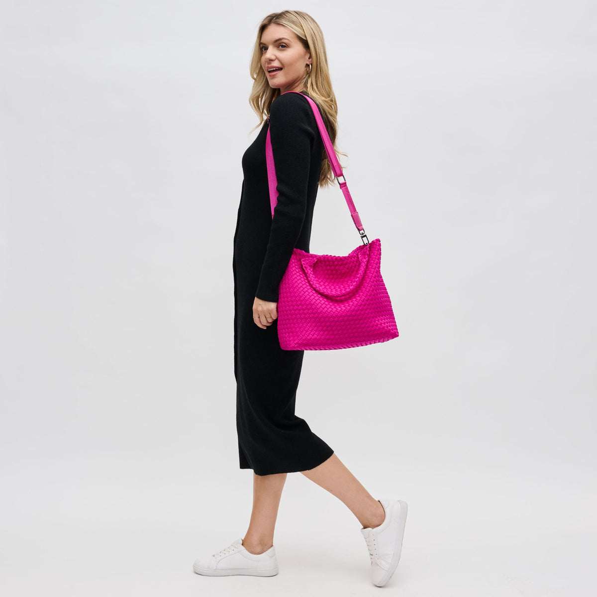 Woman wearing Fuchsia Sol and Selene Sky&#39;s The Limit - Medium Fuchsia Tote 841764111294 View 3 | Fuchsia