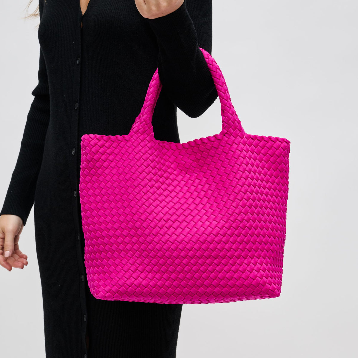 Woman wearing Fuchsia Sol and Selene Sky&#39;s The Limit - Medium Fuchsia Tote 841764111294 View 4 | Fuchsia