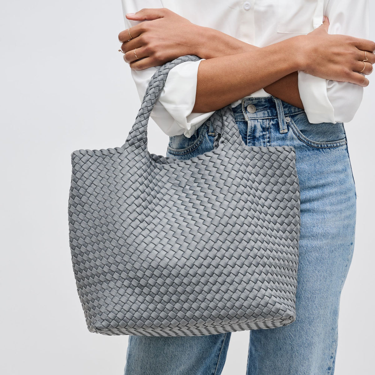 Woman wearing Grey Sol and Selene Sky&#39;s The Limit - Medium Grey Tote 841764111294 View 1 | Grey