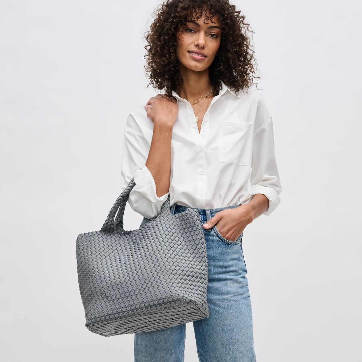 Woman wearing Grey Sol and Selene Sky&#39;s The Limit - Medium Grey Tote 841764111294 View 2 | Grey