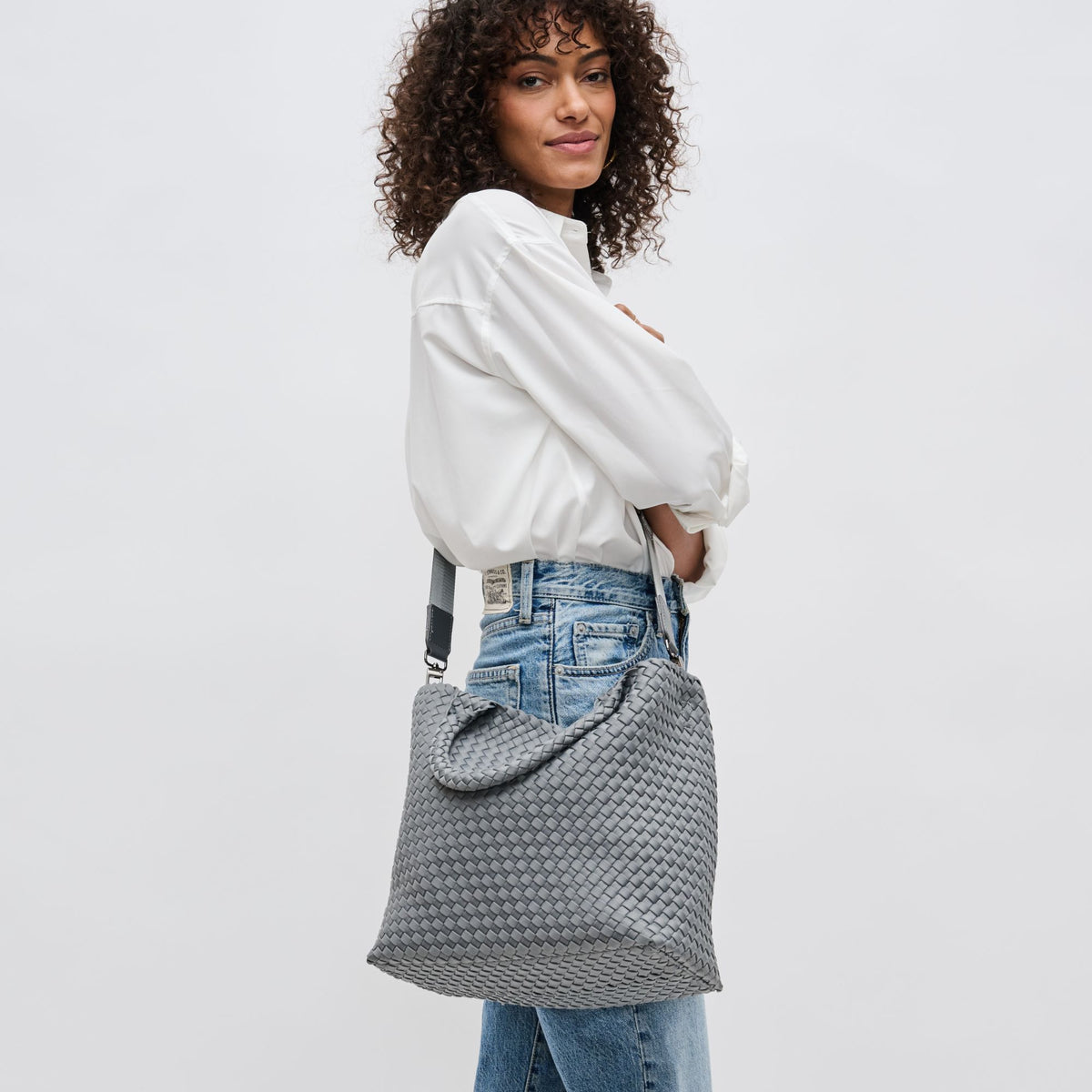 Woman wearing Grey Sol and Selene Sky&#39;s The Limit - Medium Grey Tote 841764111294 View 3 | Grey