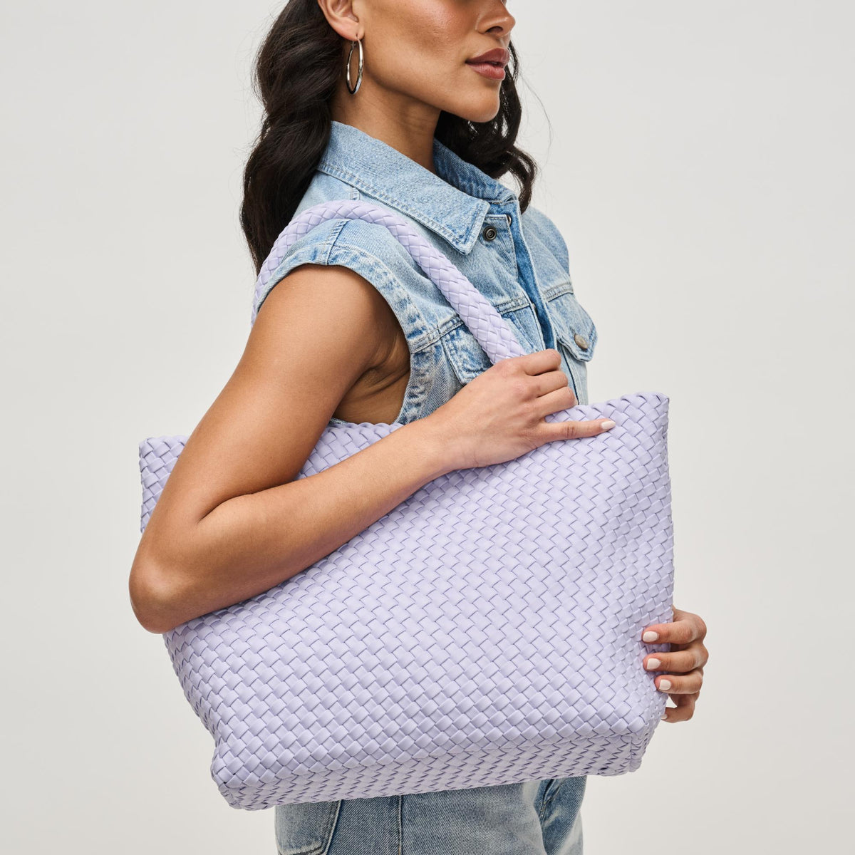 Woman wearing Lilac Sol and Selene Sky&#39;s The Limit - Medium Lilac Tote 841764111294 View 2 | Lilac