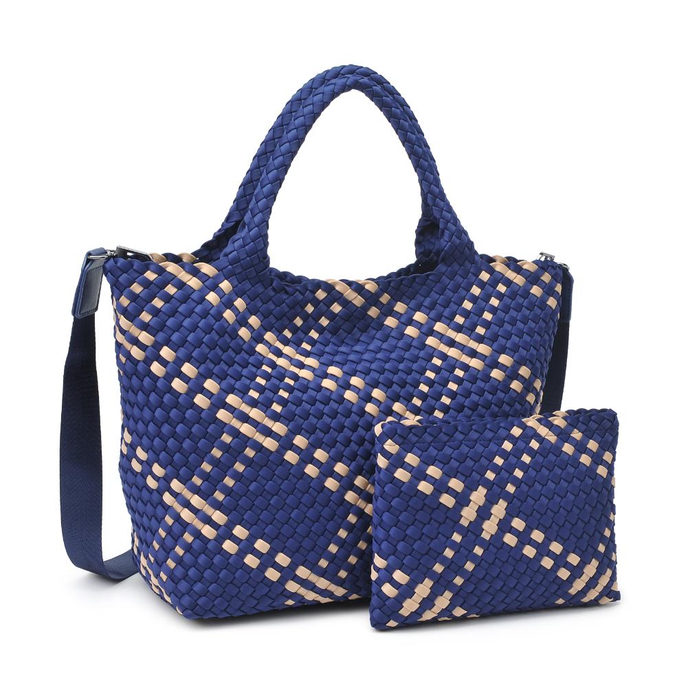 Woman wearing Navy Nude Sol and Selene Sky&#39;s The Limit - Medium Navy Nude Tote 841764111294 View 6 | Navy Nude