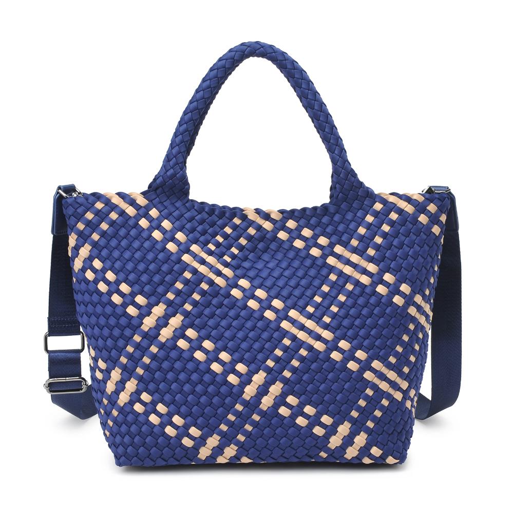 Woman wearing Navy Nude Sol and Selene Sky&#39;s The Limit - Medium Navy Nude Tote 841764111294 View 7 | Navy Nude