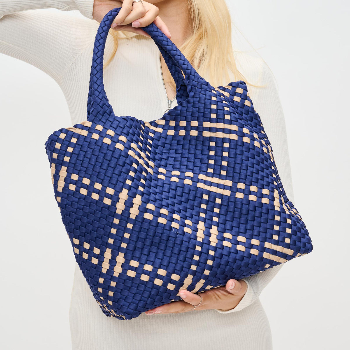 Woman wearing Navy Nude Sol and Selene Sky&#39;s The Limit - Medium Navy Nude Tote 841764111294 View 4 | Navy Nude