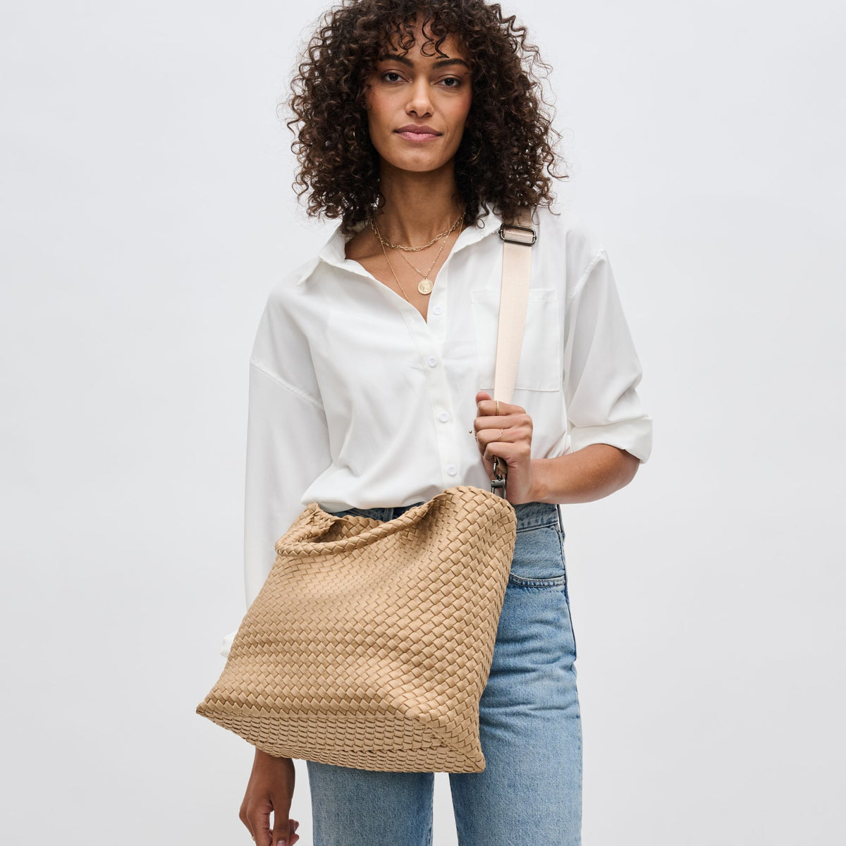 Woman wearing Nude Sol and Selene Sky&#39;s The Limit - Medium Nude Tote 841764111294 View 2 | Nude