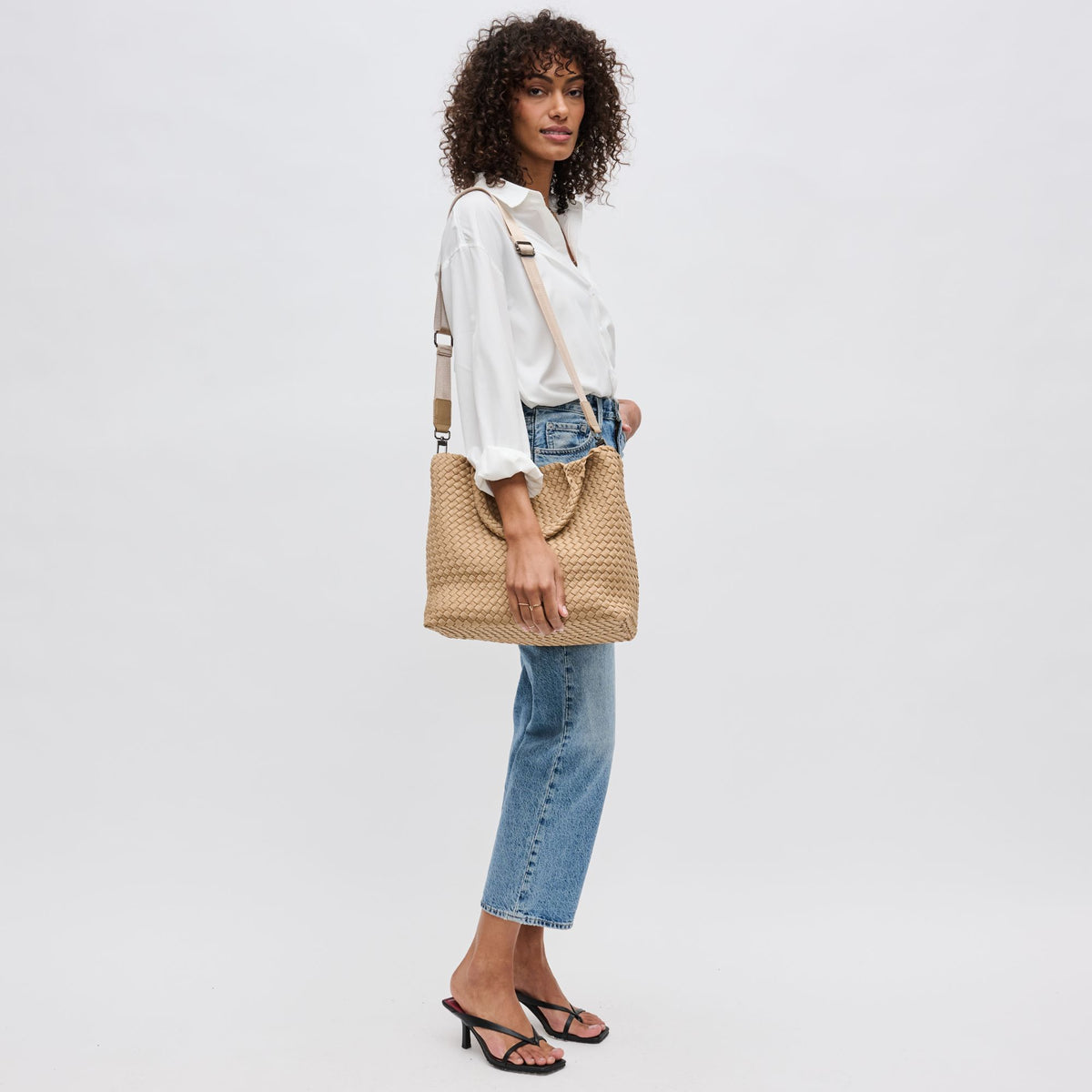 Woman wearing Nude Sol and Selene Sky&#39;s The Limit - Medium Nude Tote 841764111294 View 3 | Nude