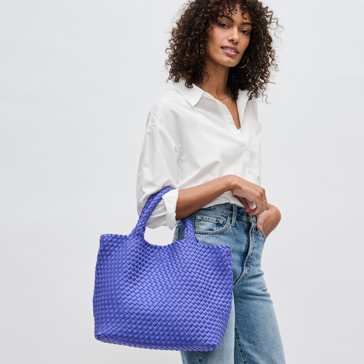 Woman wearing Periwinkle Sol and Selene Sky&#39;s The Limit - Medium Periwinkle Tote 841764111294 View 2 | Periwinkle