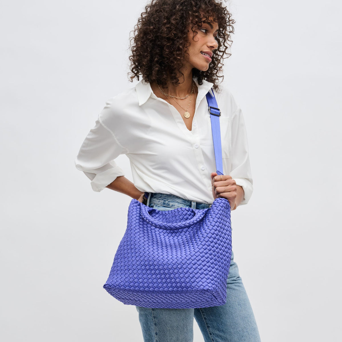 Woman wearing Periwinkle Sol and Selene Sky&#39;s The Limit - Medium Periwinkle Tote 841764111294 View 3 | Periwinkle