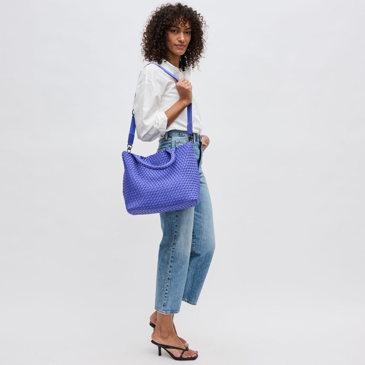 Woman wearing Periwinkle Sol and Selene Sky&#39;s The Limit - Medium Periwinkle Tote 841764111294 View 4 | Periwinkle