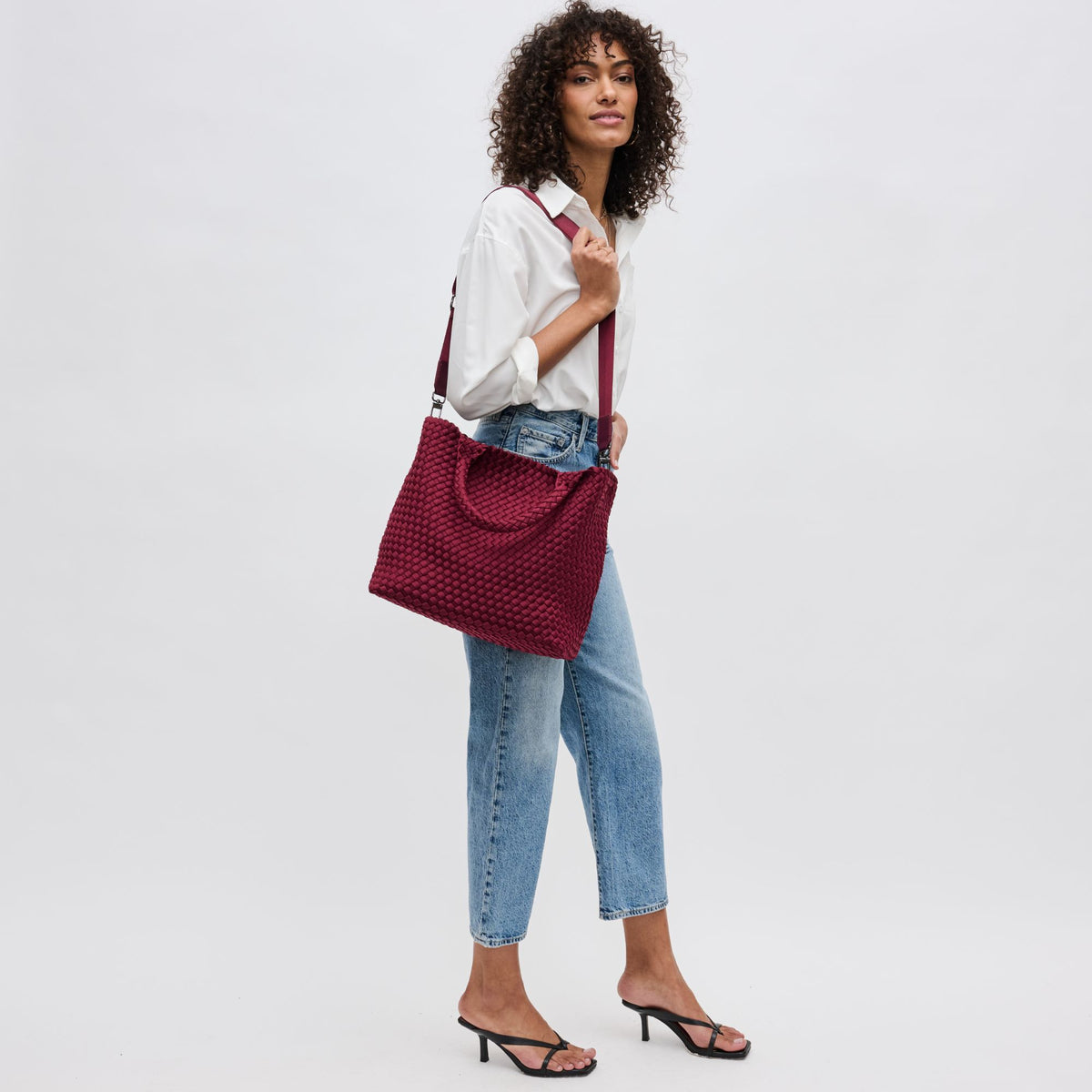 Woman wearing Wine Sol and Selene Sky&#39;s The Limit - Medium Wine Tote 841764111294 View 4 | Wine