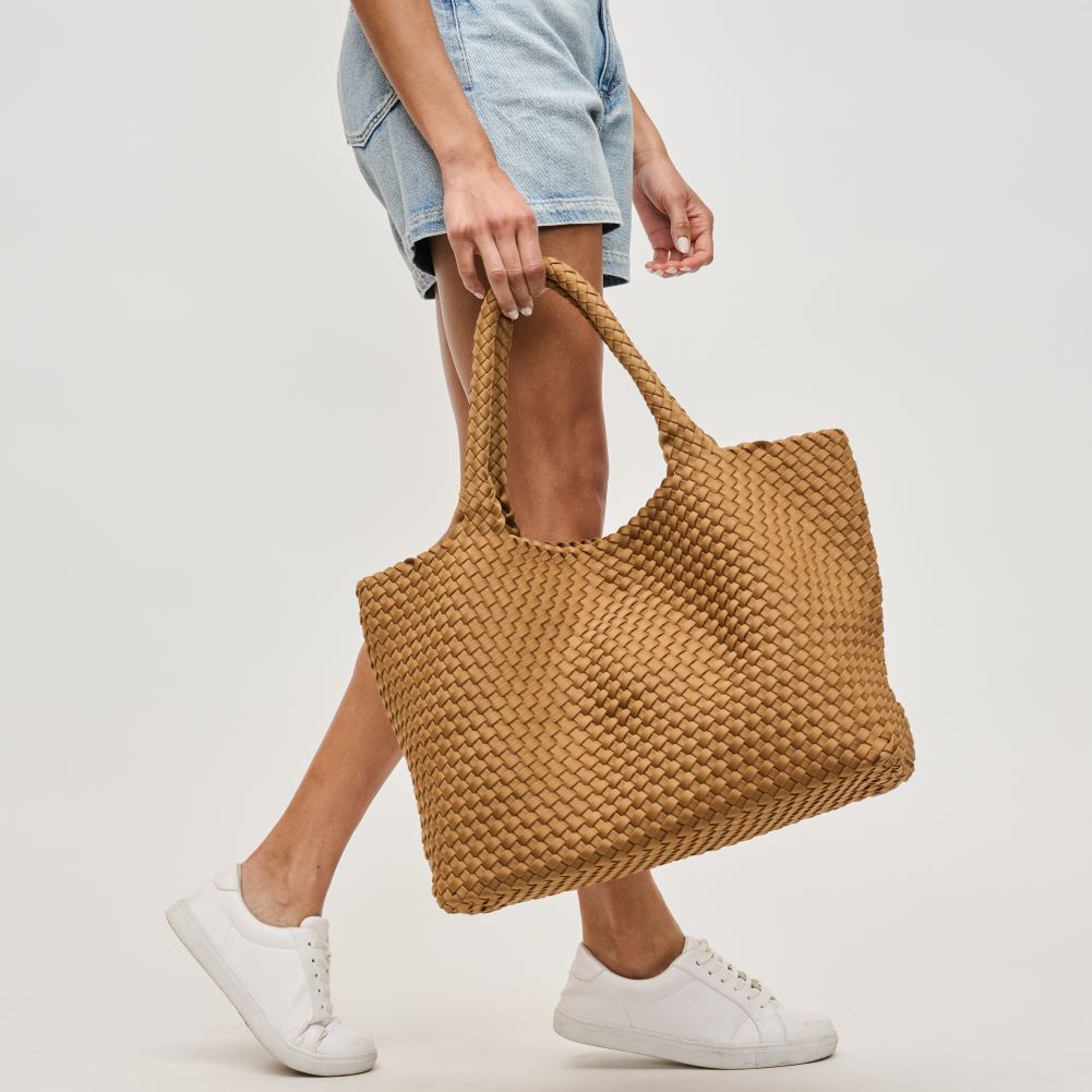 Woman wearing Sand Sol and Selene Sky&#39;s The Limit - Large Tote 841764110242 View 2 | Sand