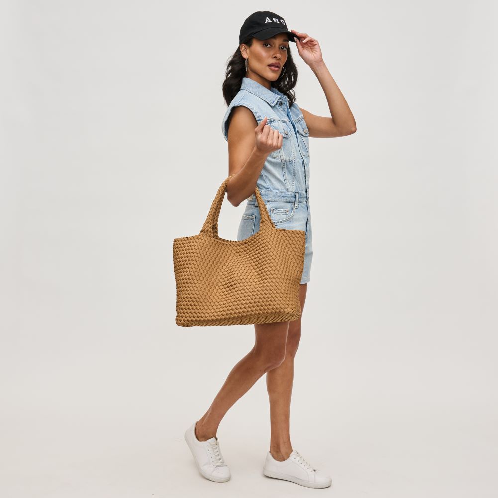 Woman wearing Sand Sol and Selene Sky&#39;s The Limit - Large Tote 841764110242 View 3 | Sand