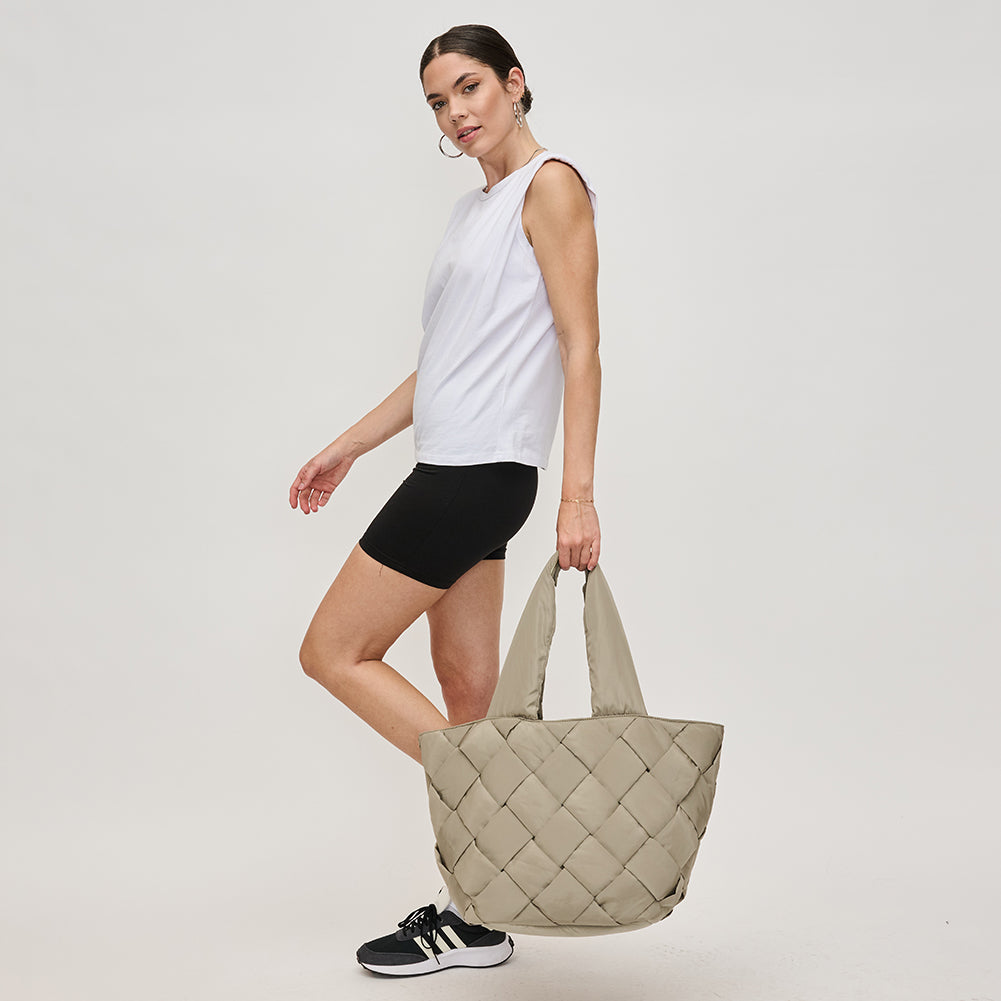 Woman wearing Sol and Selene Intuition East West Tote 841764107310 View 3 | Desert Sage