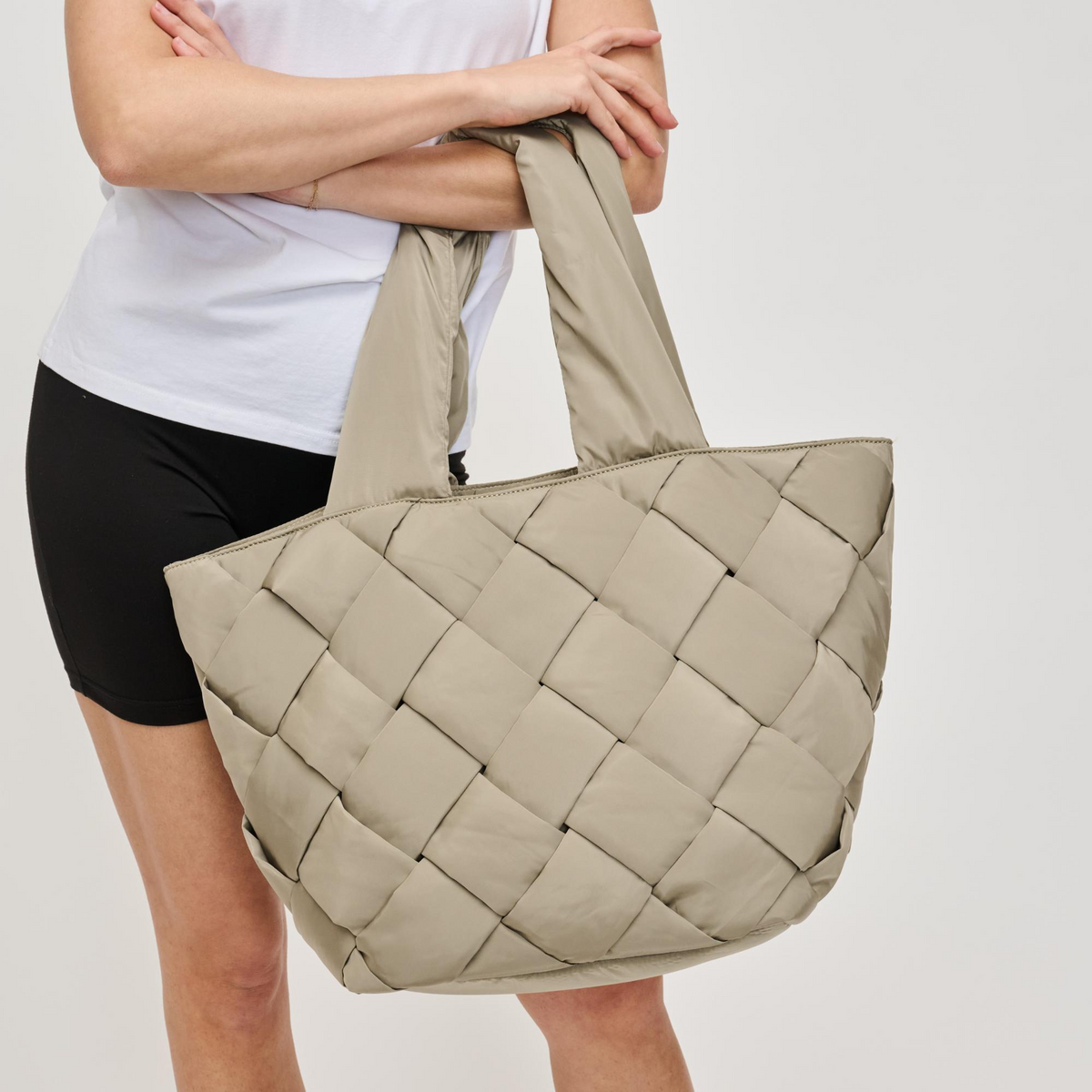 Woman wearing Sol and Selene Intuition East West Tote 841764107310 View 4 | Desert Sage