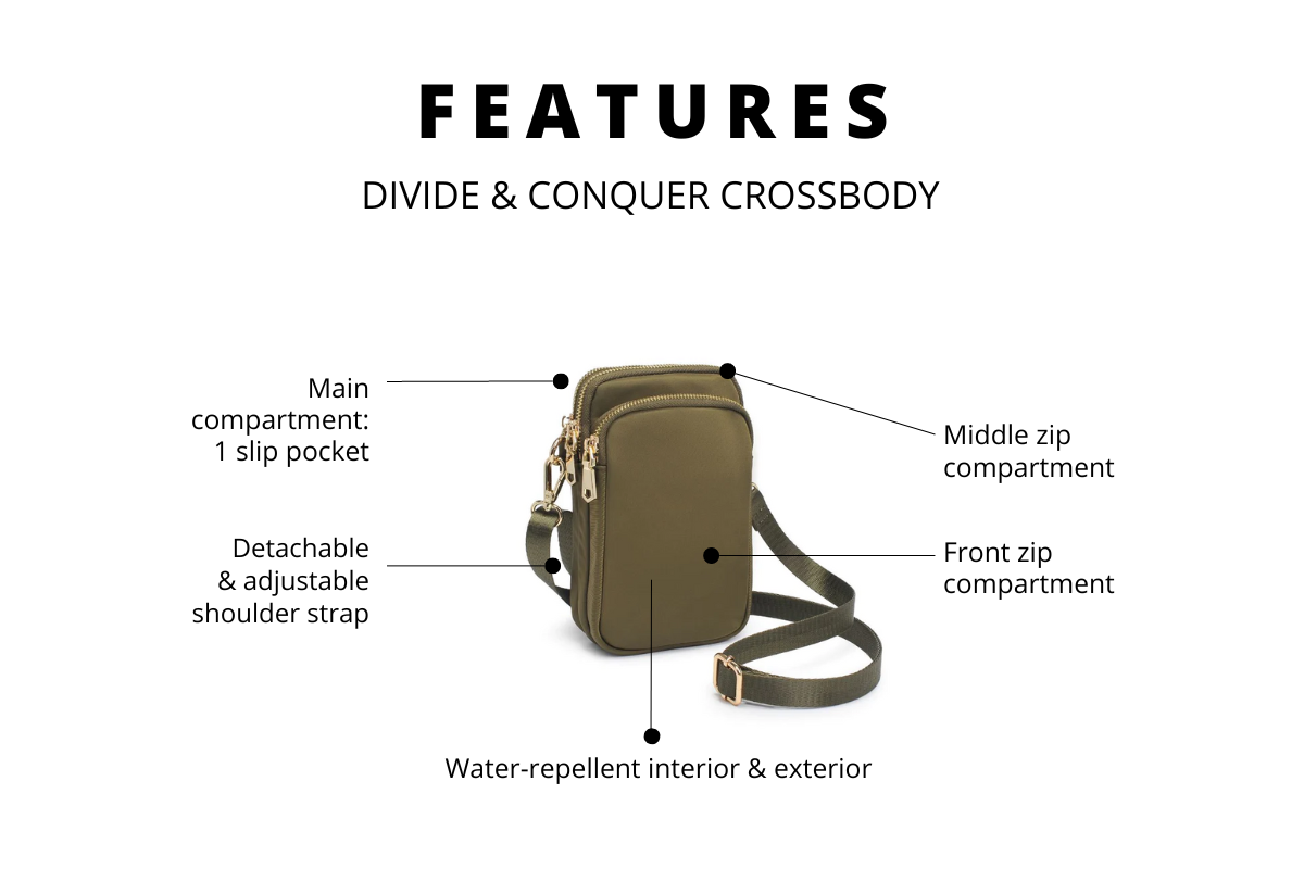 Image of the product features of the divide and conquer crossbody