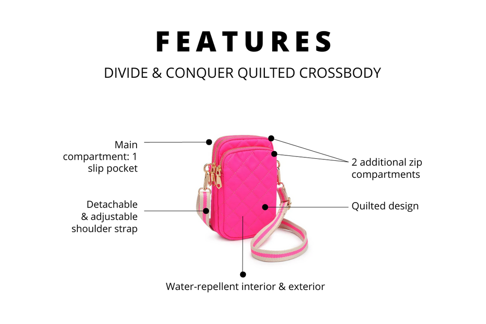 Image of the product features of the divide and conquer quilted crossbody