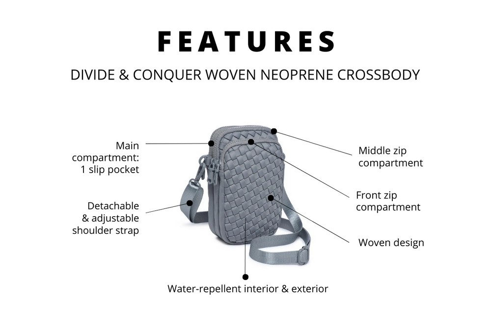 Image of the product features of the divde & conquer neoprene crossbody