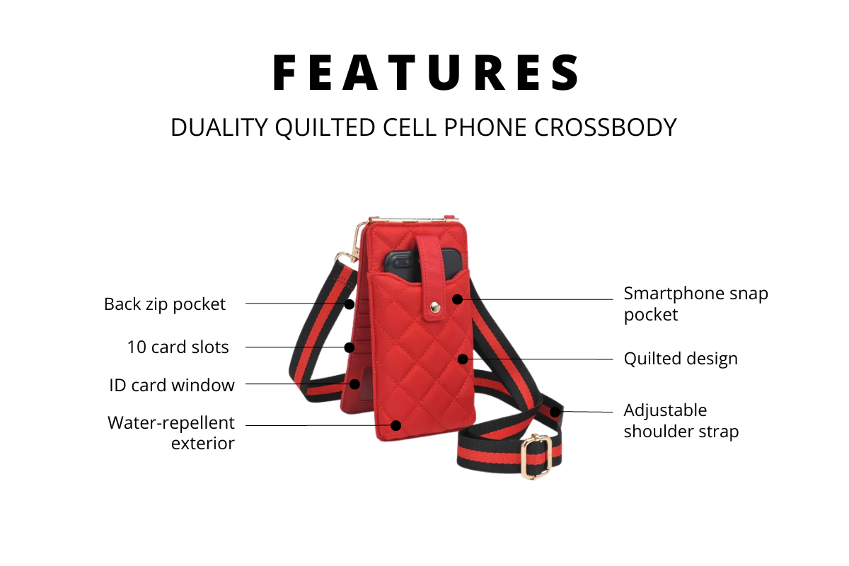 Image of the product features of the duality quilted crossbody