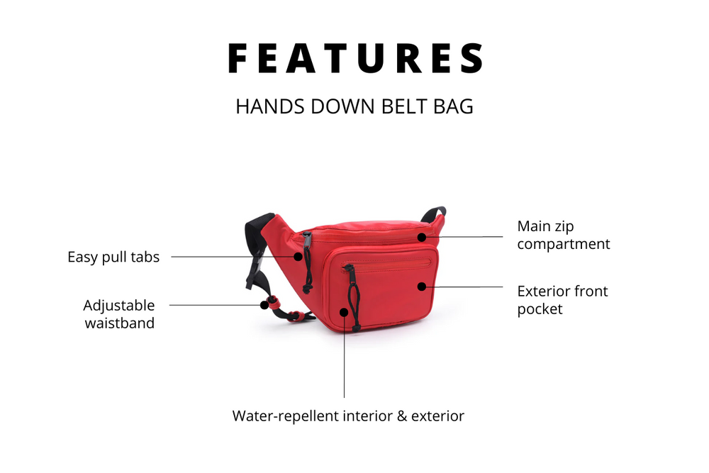 Image of the product features of the hands down belt bag