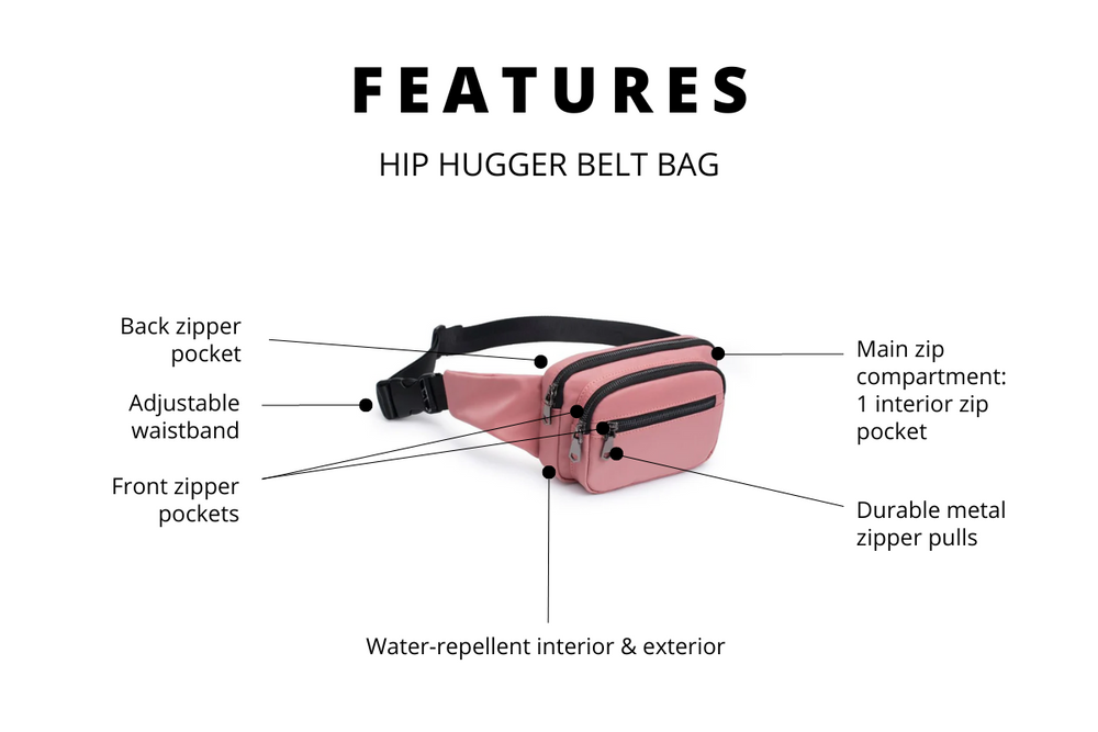 Image of the product features of the hip hugger belt bag