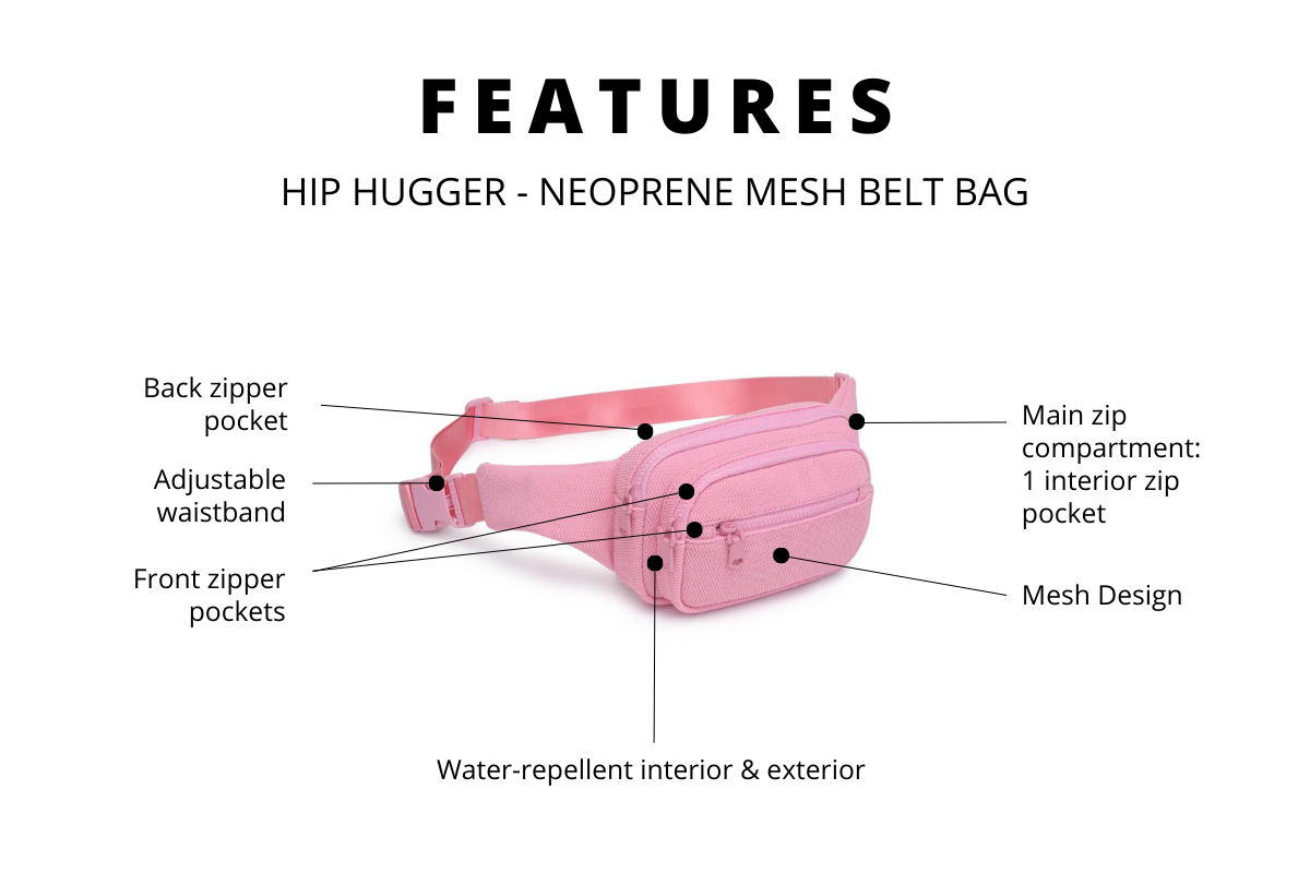 Image of the product features of the hip hugger neoprene mesh belt bag