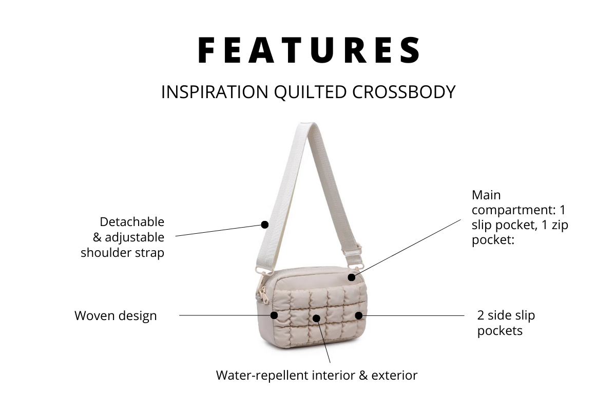 Image of the product features of the inspiration woven quilted crossbody