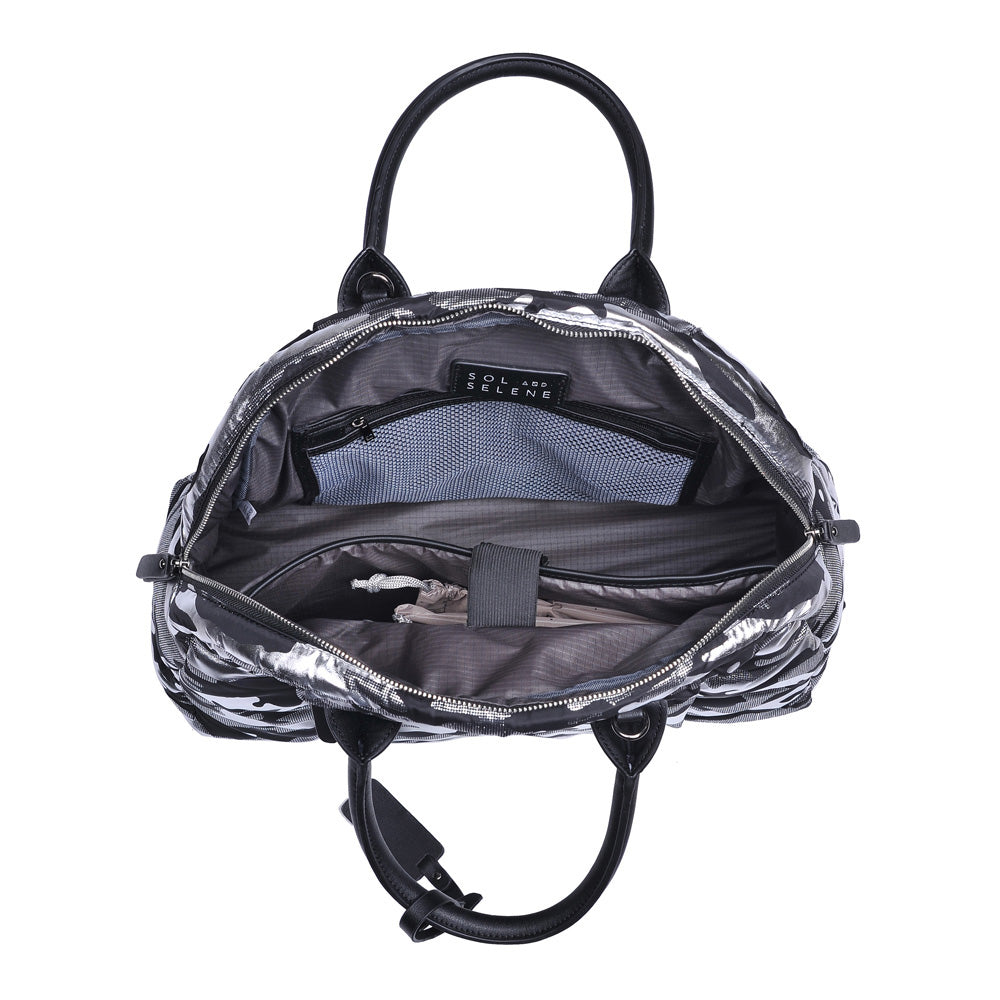 Product Image of Sol and Selene Flying High Satchel 841764104203 View 4 | Silver Metallic Camo