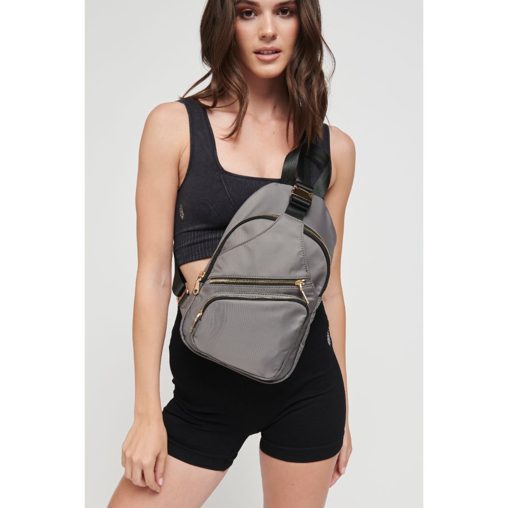 Woman wearing Carbon Sol and Selene On The Go - Nylon Sling Backpack 841764105415 View 3 | Carbon