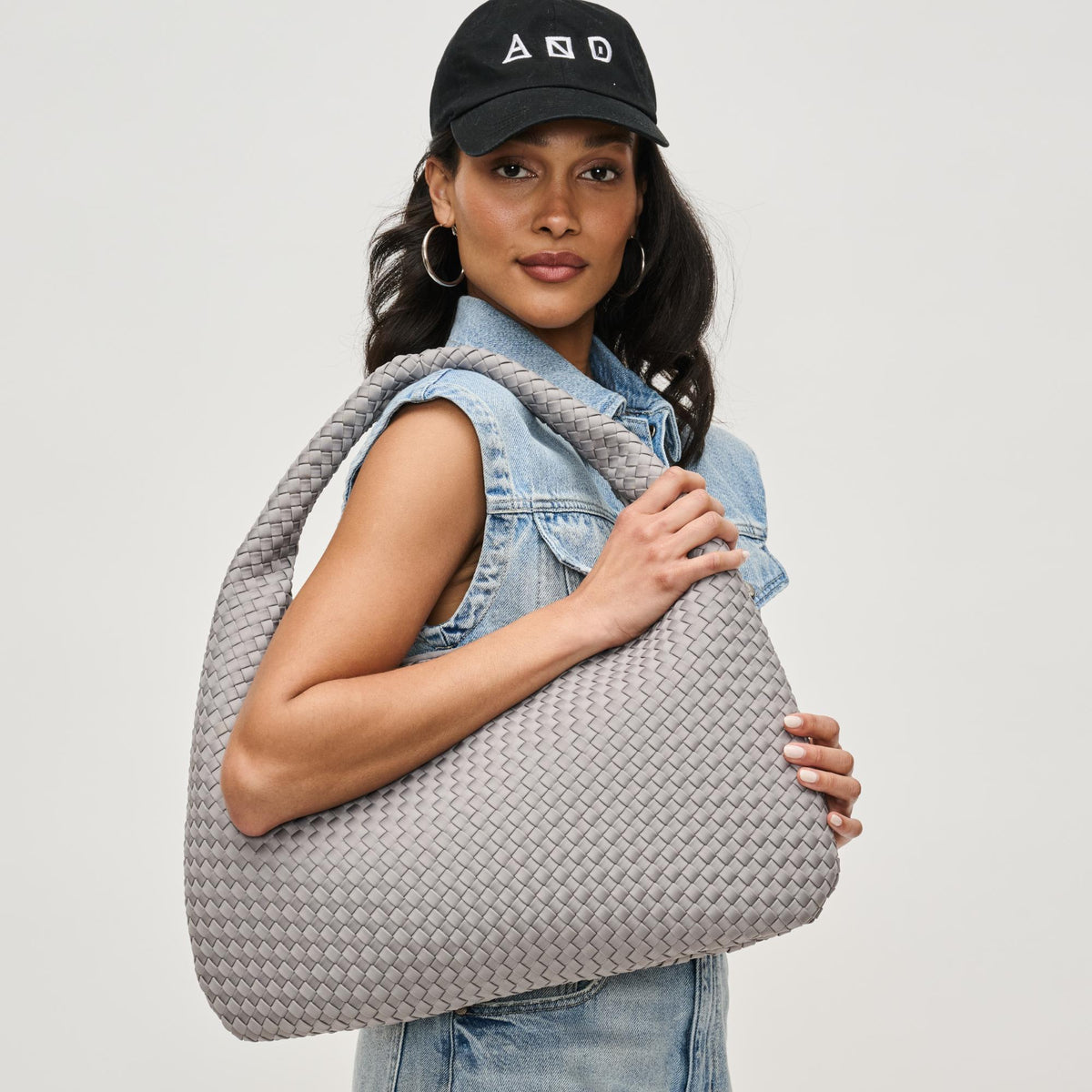 Woman wearing Fog Sol and Selene Dare to Dream - Large Woven Neoprene Hobo 841764111447 View 1 | Fog