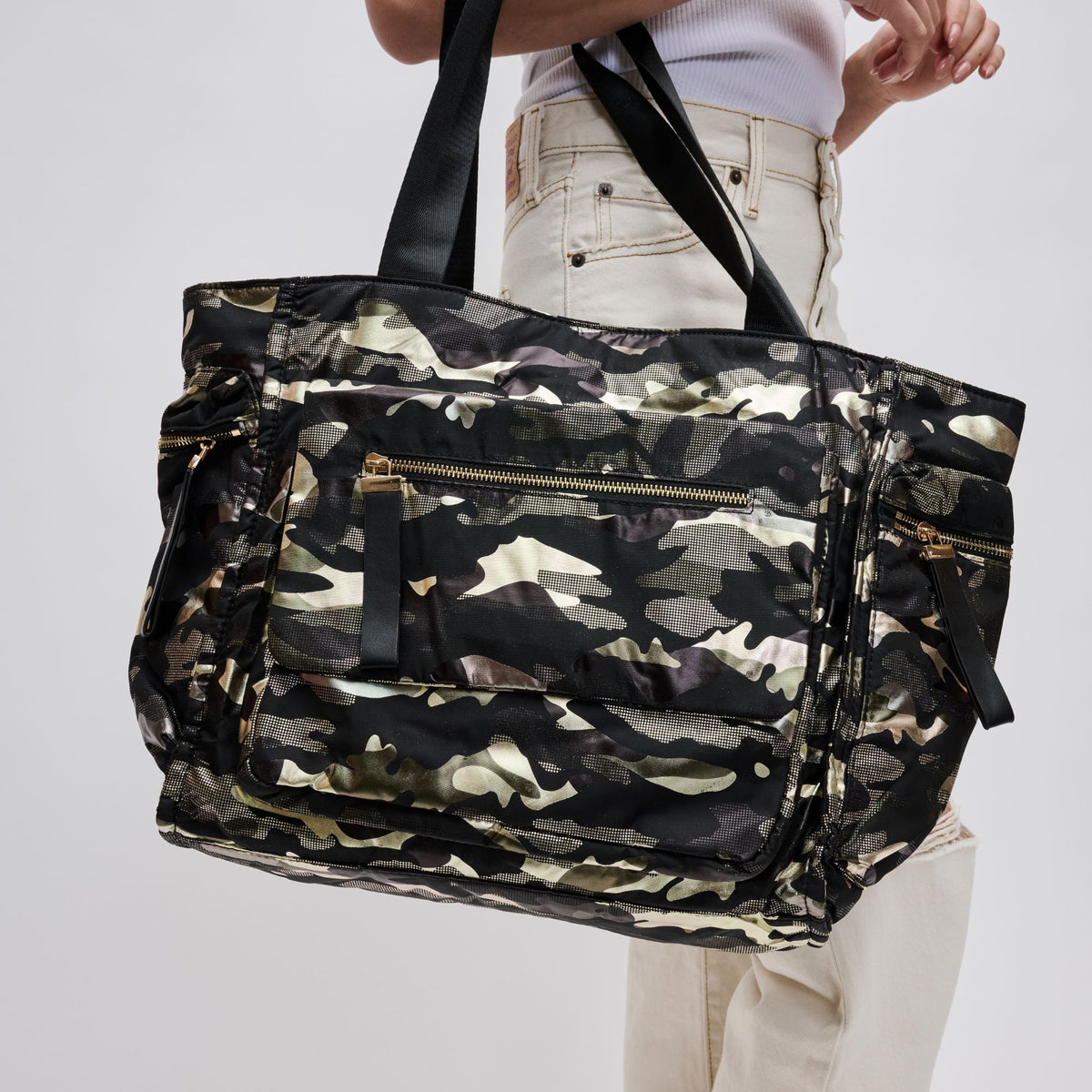 Woman wearing Green Metallic Camo Sol and Selene Gratitude Tote 841764105293 View 4 | Green Metallic Camo