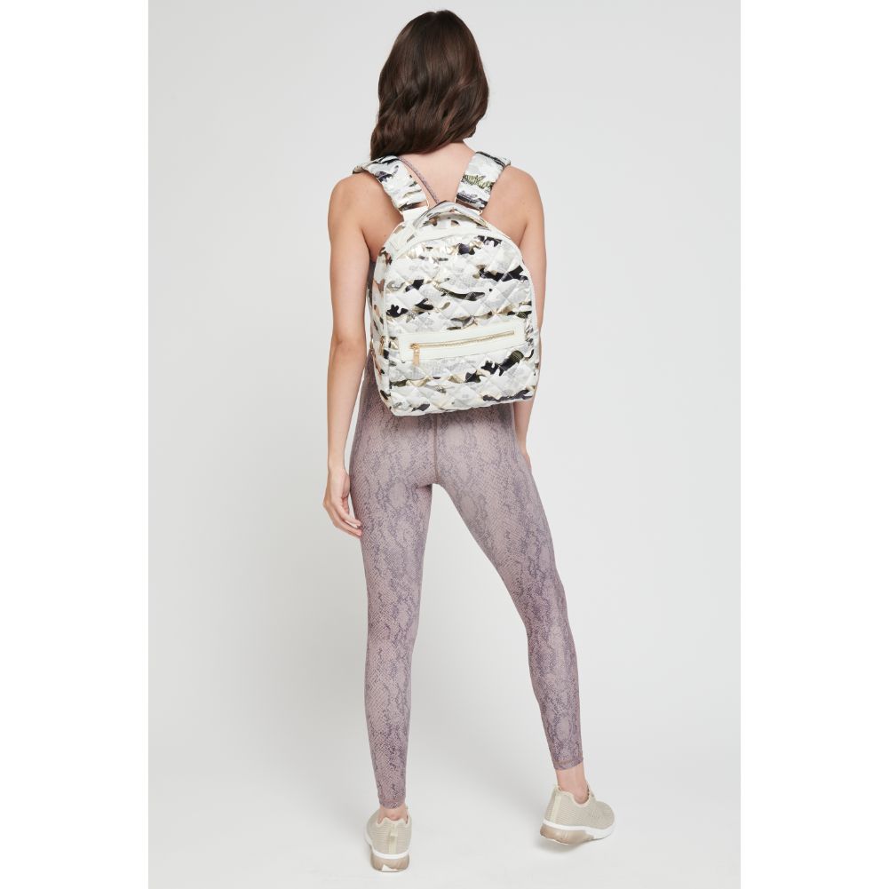 Woman wearing White Metallic Camo Sol and Selene All Star Backpack 841764105163 View 2 | White Metallic Camo