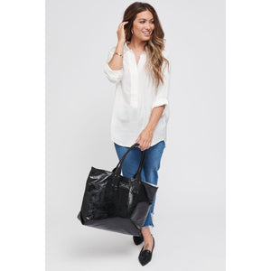 Woman wearing Black Metallic Sol and Selene It Girl Tote 841764105071 View 4 | Black Metallic