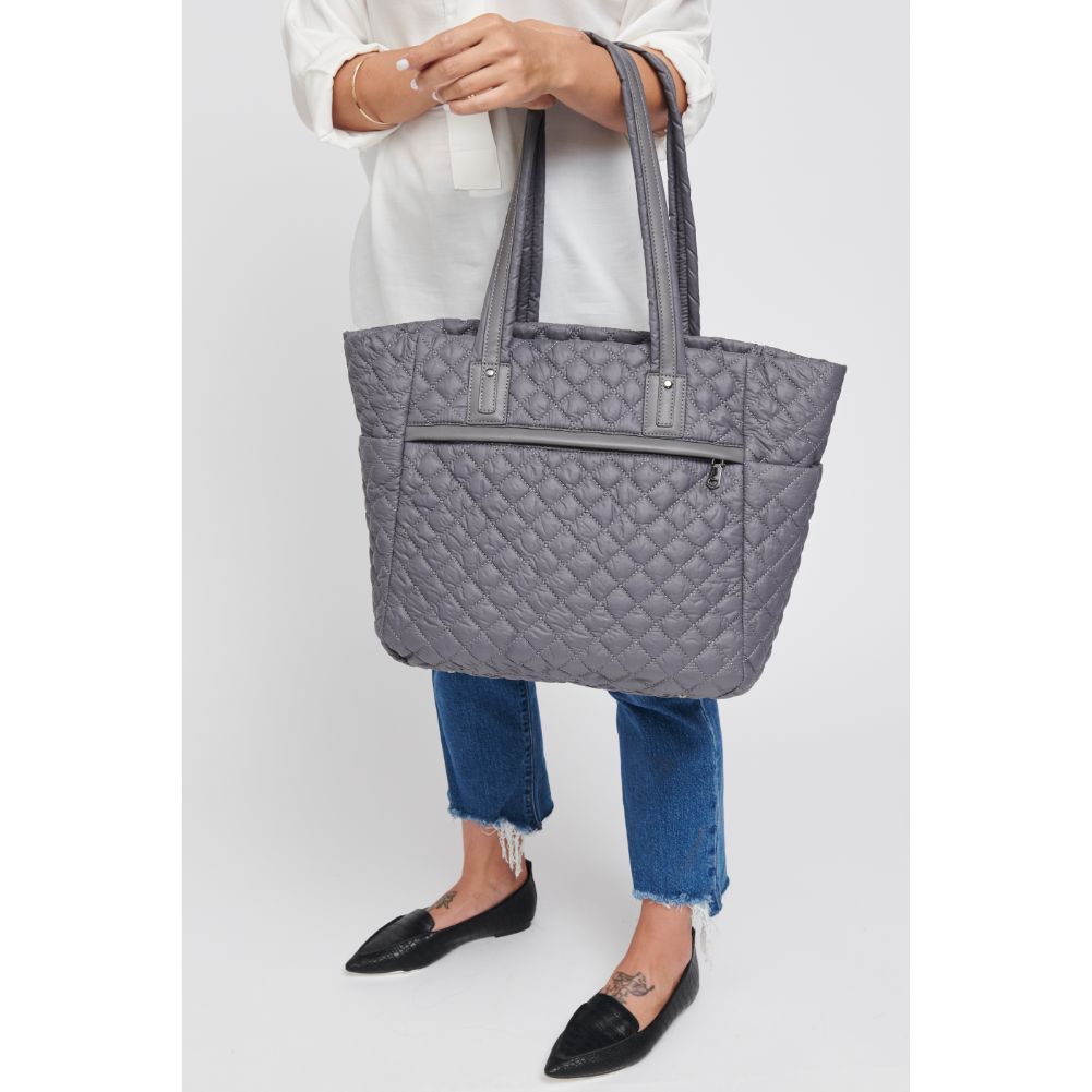 Woman wearing Carbon Sol and Selene No Filter Tote 841764105118 View 1 | Carbon