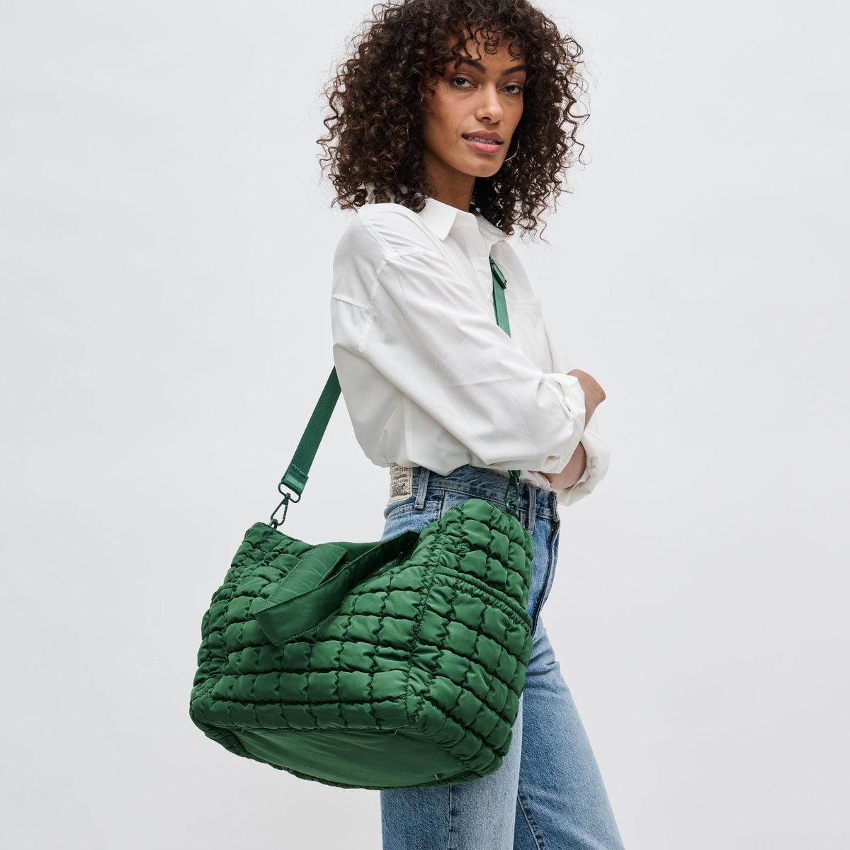 Woman wearing Emerald Sol and Selene Dreamer Tote 841764108461 View 3 | Emerald