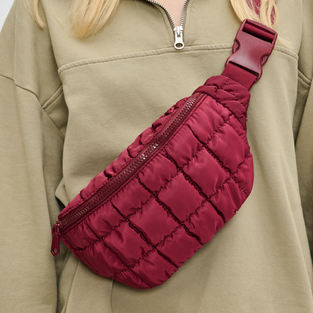 Woman wearing Burgundy Sol and Selene Resurgence Belt Bag 841764110723 View 4 | Burgundy