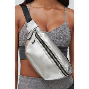 Woman wearing Silver Metallic Sol and Selene Side Kick - Neoprene Belt Bag 841764104333 View 1 | Silver Metallic