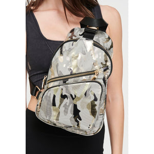 Woman wearing Seafoam Metallic Camo Sol and Selene On The Go - Nylon Sling Backpack 841764105422 View 4 | Seafoam Metallic Camo