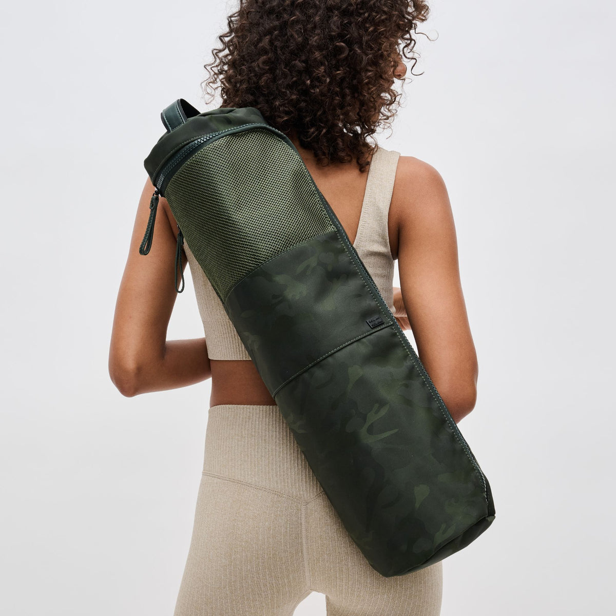 Woman wearing Olive Camo Sol and Selene Karma - Camo Print Yoga Mat Bag 841764100816 View 1 | Olive Camo