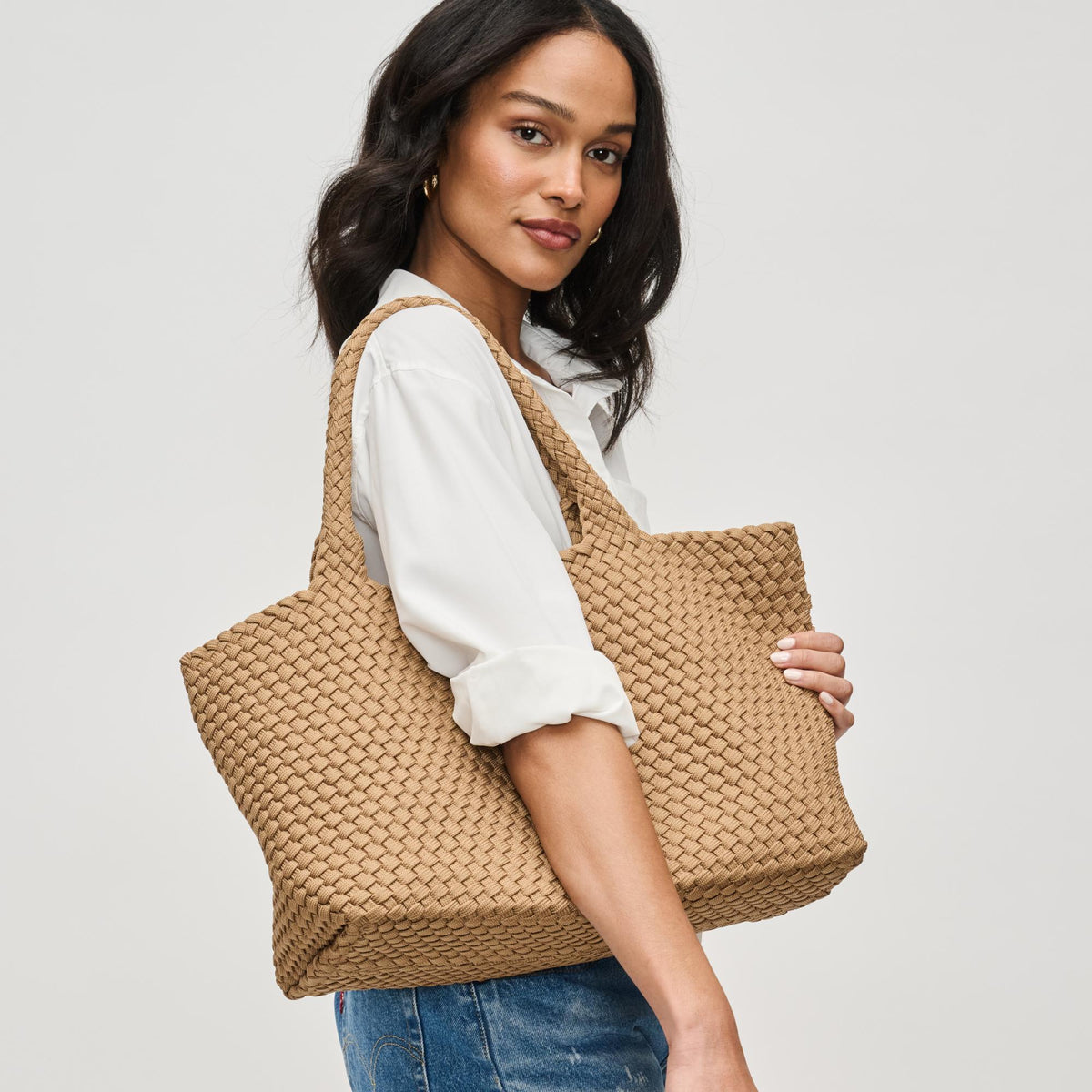 Woman wearing Nude Sol and Selene Sky&#39;s The Limit - Large Sustainable Tote 841764111577 View 2 | Nude