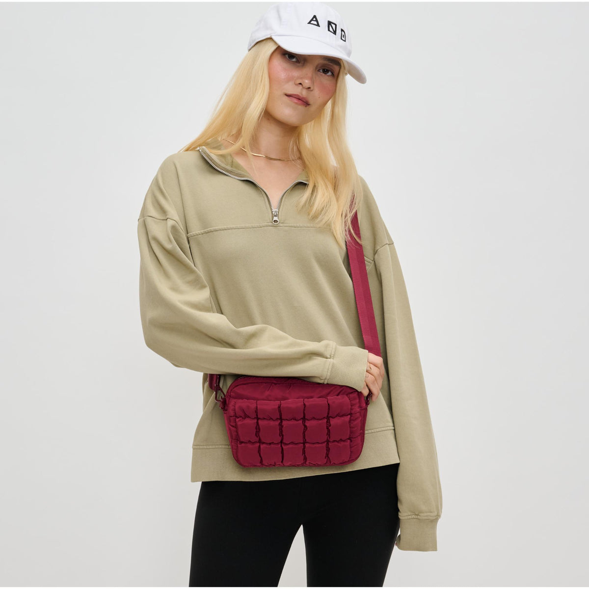 Woman wearing Burgundy Sol and Selene Inspiration - Quilted Nylon Crossbody 841764110594 View 2 | Burgundy