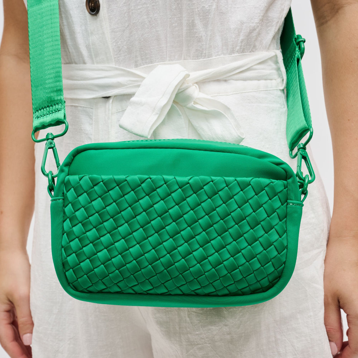 Woman wearing Kelly Green Sol and Selene Inspiration - Woven Neoprene Crossbody 841764109208 View 4 | Kelly Green