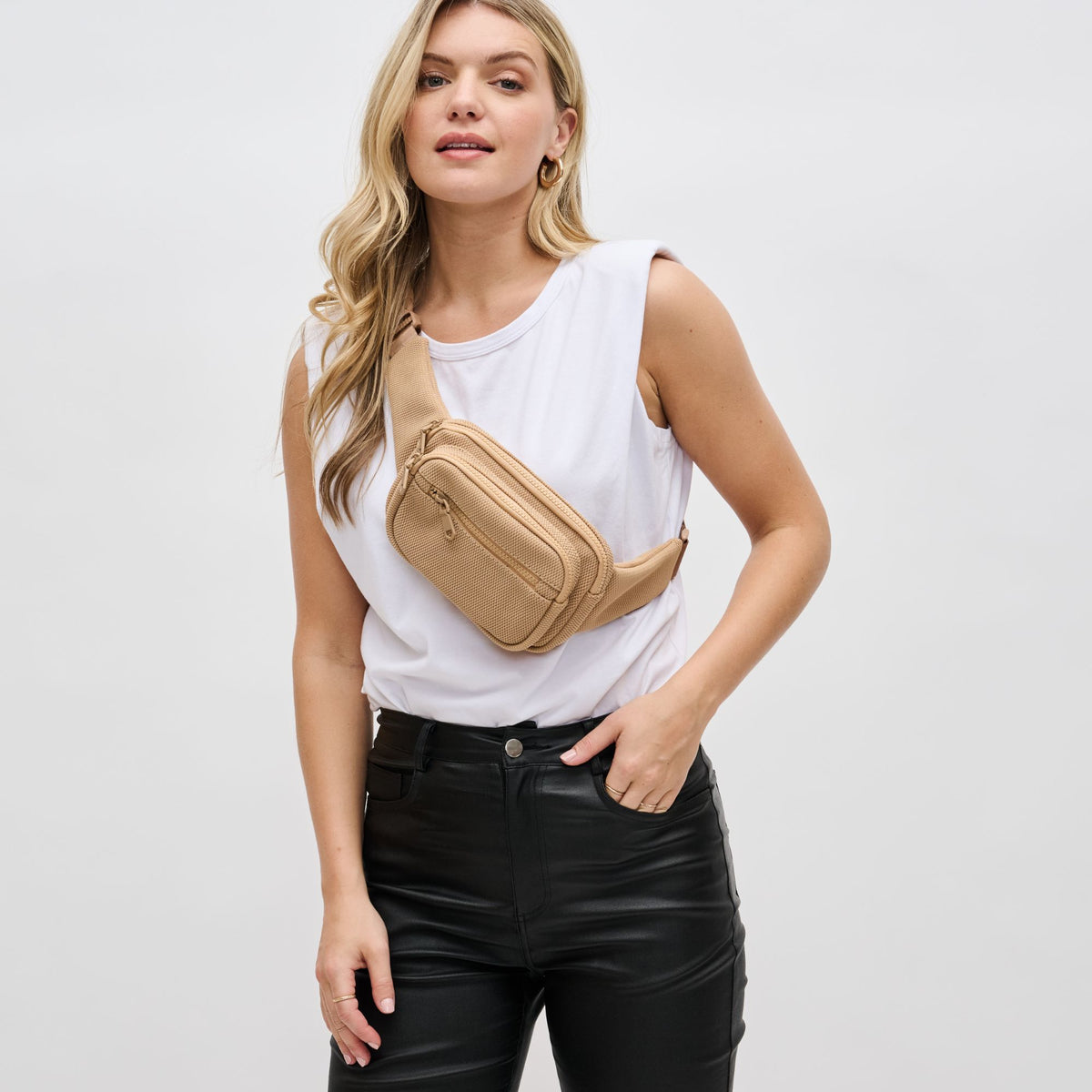 Woman wearing Natural Sol and Selene Hip Hugger - Neoprene Mesh Belt Bag 841764109864 View 2 | Natural